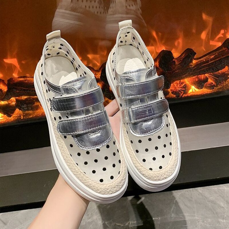 Mocasines plateados de lunares transpirables para mujer, calzado elevado de cáñamo con malla de aire y cierre de velcro,