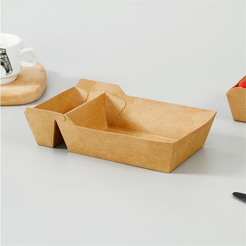 50pcs Disposable Kraft Paper Food Serving Tray Two Grids Snack French Fries Chicken Salad Carton Take Out Containers For Party