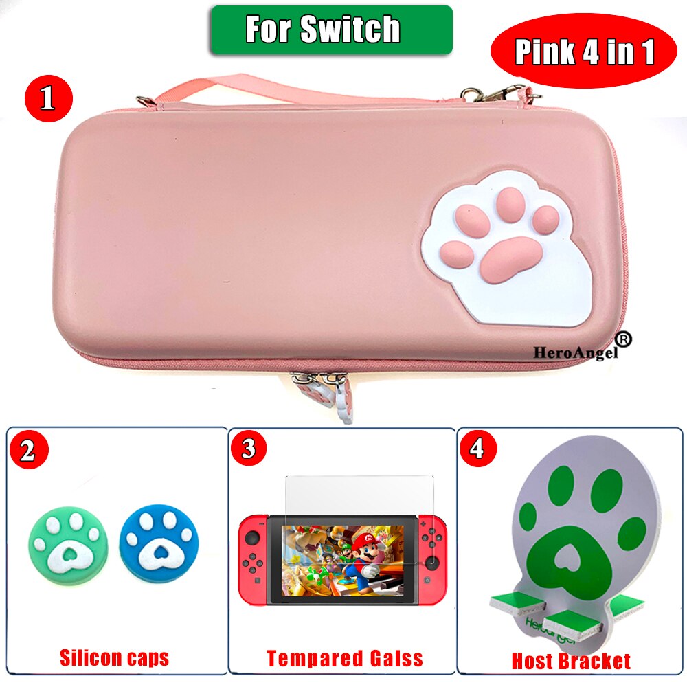 Per Nintend Interruttore Custodia protettiva Cute Cat Claw di Archiviazione Portatile Borsa Da Viaggio per Nitendo Interruttore/Interruttore Lite Console Accessorie: Switch Pink  4IN1 B