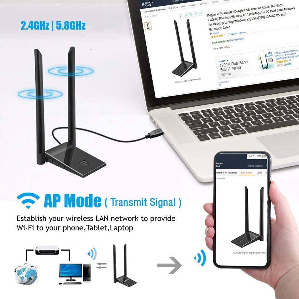Desktop Dual Band Wireless Wifi Adapter USB 3.0 WiFi Adapter 1200Mbps 2.4GHz 5GHz Wireless LAN Network Card Wi-Fi Dongle
