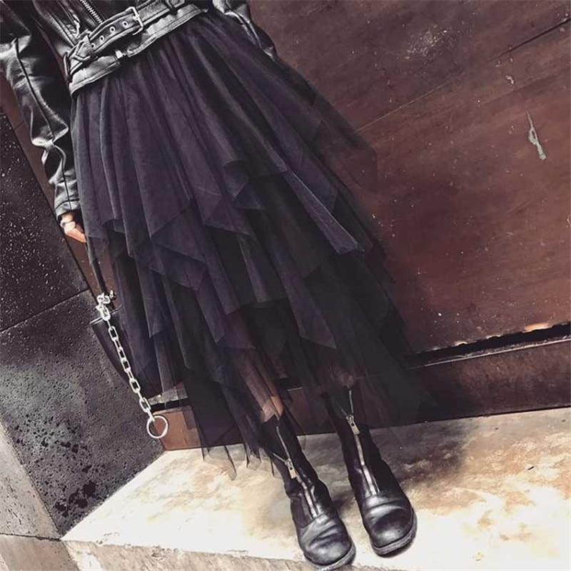 Elastisk hög midja oregelbunden tyll midi kjol dam mesh tutu maxi veckad lång kjol faldas mujer moda saias jupe