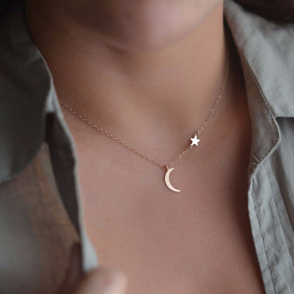 Collar de cadena Simple para mujer, collar de luna y estrella bañado en Oro y Plata para mujer y niña, joyería creciente #248953