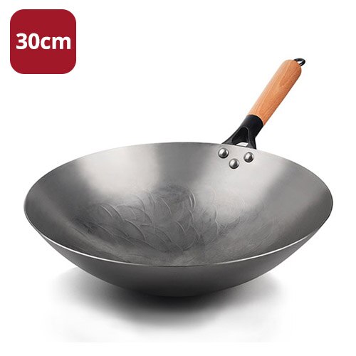 Casserole chinoise en fonte de 34CM, Wok à fond rond antiadhésif Non revêtu avec manche en bois de hêtre pour cuisinière à gaz, ustensiles de cuisine: 30cm