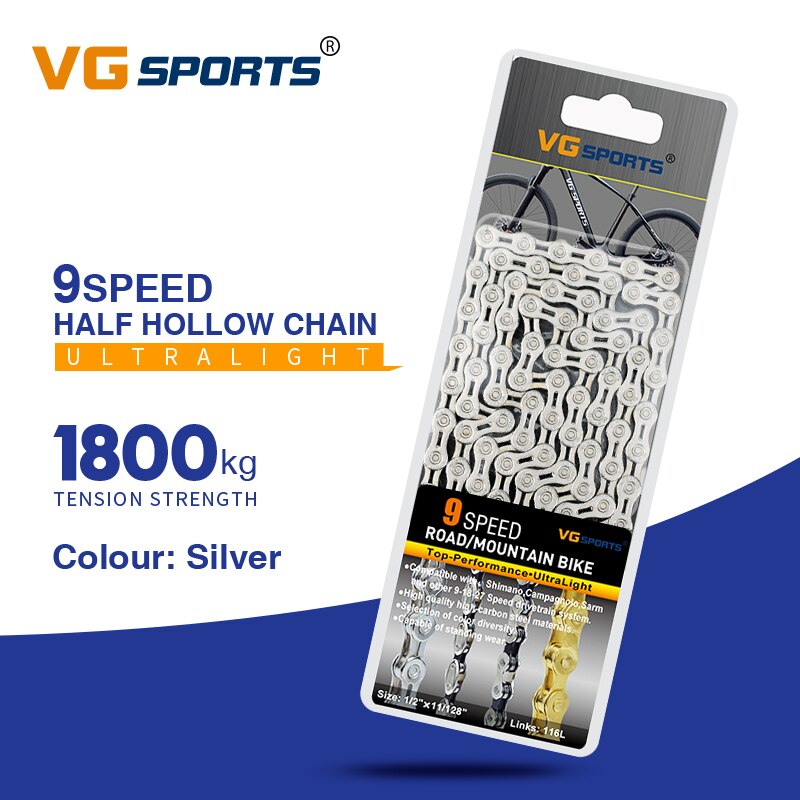VG Sports 9 Speed Bicycle Chain Half/Full Hollow 116L Titanium Gold Silver Color with MissingLink MTB Mountain Road Bike Chains: 9s Half Hollow yin