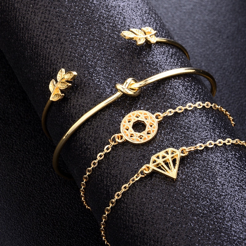 Modyle Bohemian Leaves Knot Round Chain Opening Gold Bracelet Set Women Apparel Jewelry Valentines Day