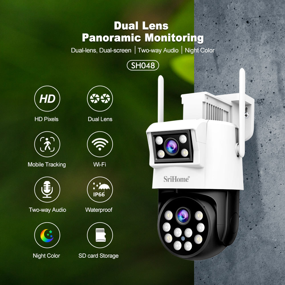 Srihome 4MP Outdoor WIFI Dual Lens IP Camera SH048 128G AI Tracking Security Protection Cameras Video CCTV Surveillance Cameras