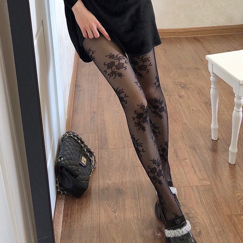 Lolita Sexy Rose Flower Print Nylons Woman Pantyhose Tights Black White Seamless Summer Stocking Female Hosiery Party Clubwear
