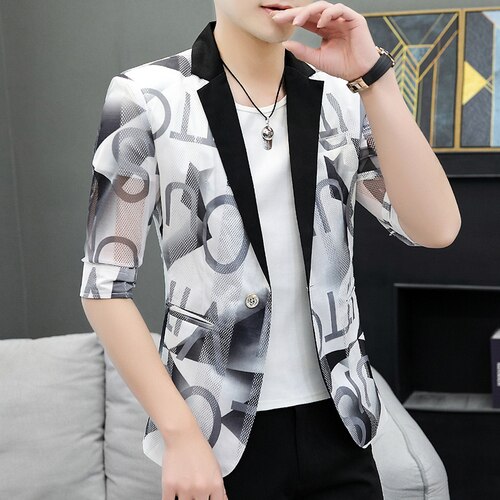 Bokstaver utskrift menn dressjakke sommer pustende virksomhet uformelt blazer slank frakk sosial brudekjole blazer masculino