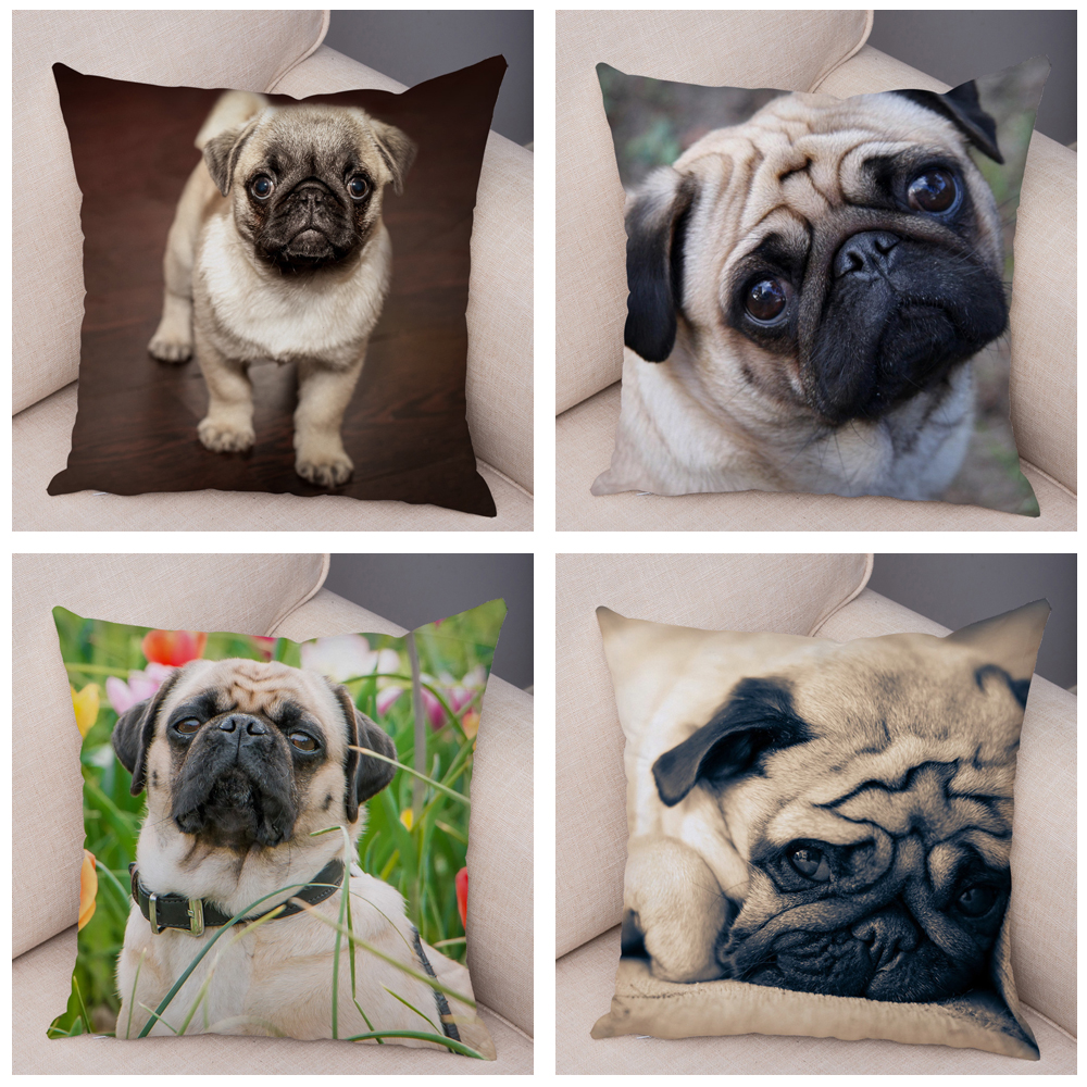 Housse de coussin carlin mignonne, oreiller décoratif imprimé pour animaux de compagnie, pour voiture, canapé, maison, en Polyester