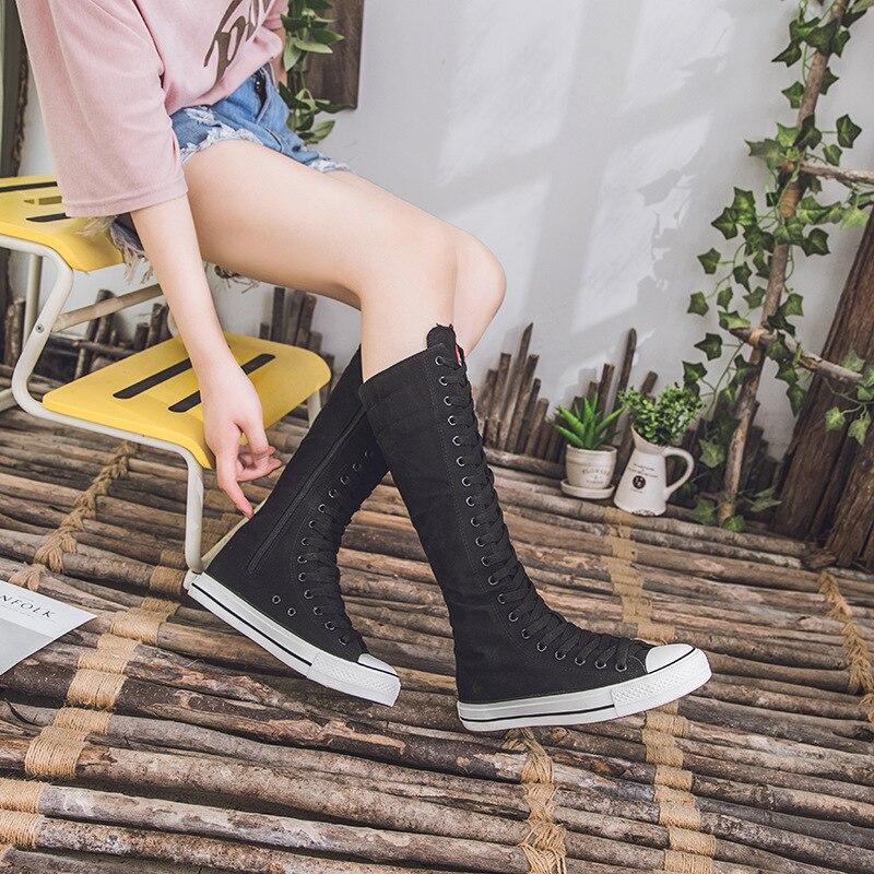 2021 nye forår efterår kvinder sko canvas afslappet høj top sko lange støvler snøre lynlås komfortable flade støvler sneakers