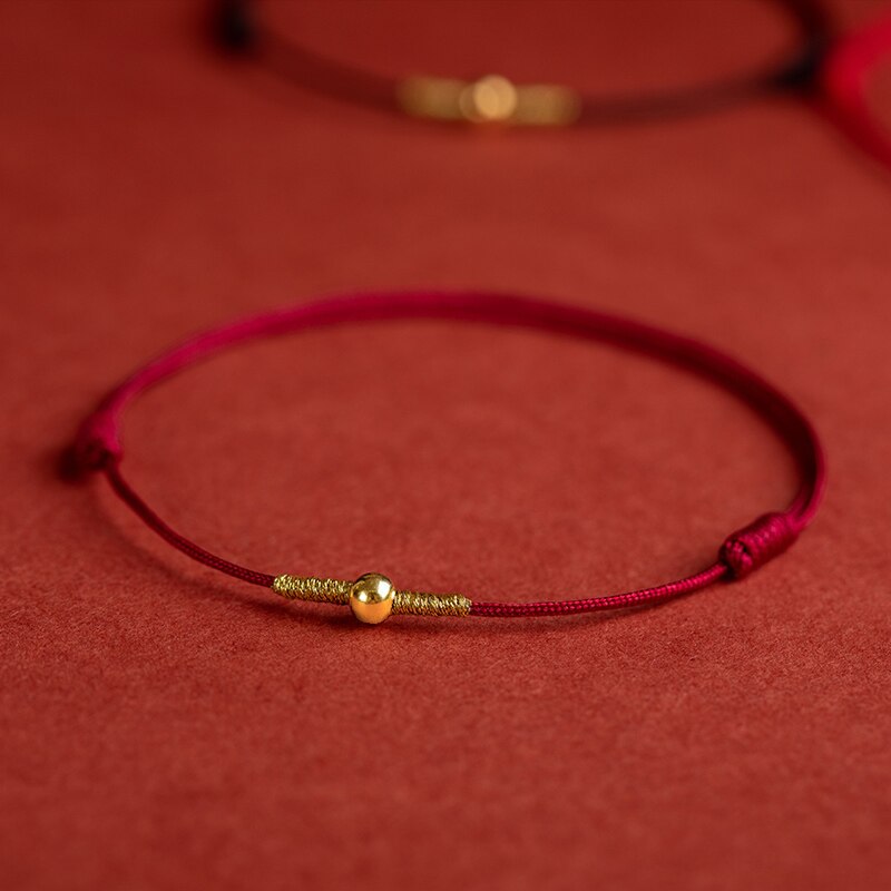 Real 999 24k Yellow Gold Anklet Women Round Beads Anklets Good Luck Charms Weaving for Women Hand-woven Red Rope