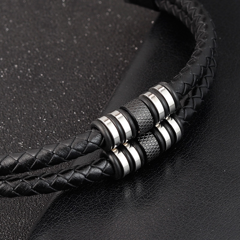 Stainless Steel Accessories Multi-layer Hip Hop Rock Style Black Color Men's Leather Bracelet Year
