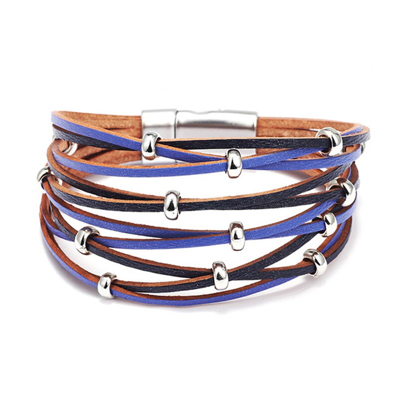 Feminino mão acessórios 10 multi camada vento pulseira de couro ampla envoltório pulseira femme ímã fivela jóias presente 2020: blue
