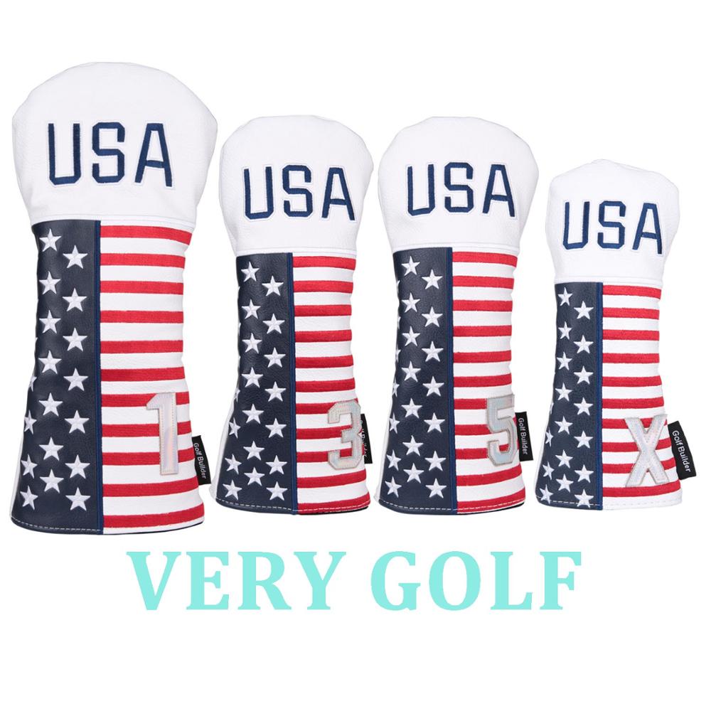 White PU Leather with USA Stars & Strips Embroidery Golf Club Driver Fairway Wood Hybrid Head Cover Golf #1 #3 #5 UT Headcover: 1 3 5 X cover