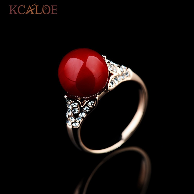 Kcaloe Vrouwen Ringen Mode Rose Goud Rode Kunstmatige Coral Trouwring Crystal Zirconia Eenvoudige Ring Anillo Compromiso