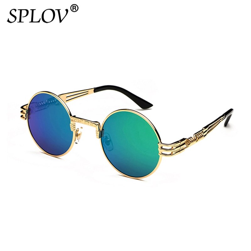 SPLOV Retro Steampunk Round Metal Sunglasses for Men and Women Double Spring Leg Colorful Eyewear UV400: N14 Gold Green