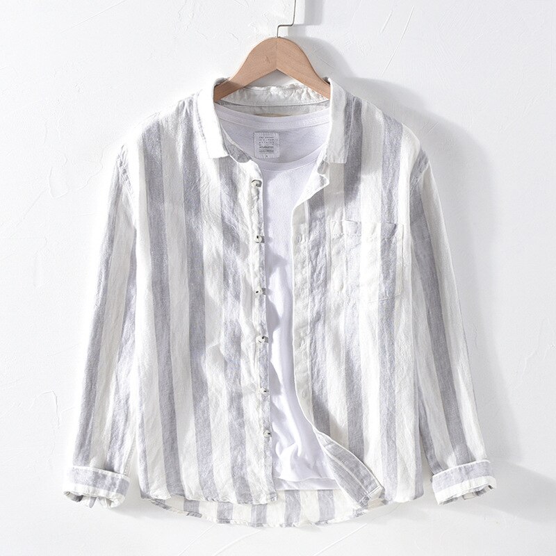 1901 Men Spring Fall Brand Linen Long Sleeve Nave Blue Strip Patchwork Turn Down Collar Casual Classical Male Chic Shirt