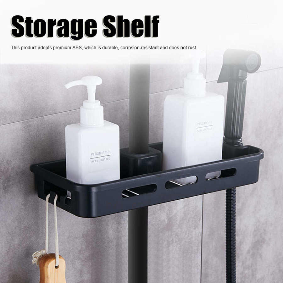 Mat sort brusestang bakke opbevaring hyldeholder abs badeværelse shower gel shampoo holder med brusehoved holder justerbar højde