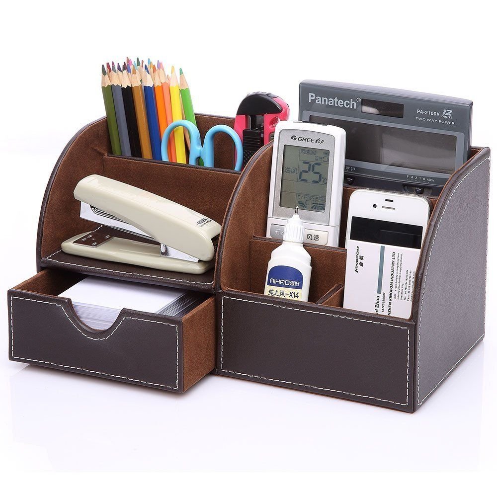 7 compartimentos de almacenamiento, soporte de escritorio de cuero PU, colección de organizador de Escritorio de oficina, soporte de lápiz para tarjetas de negocios