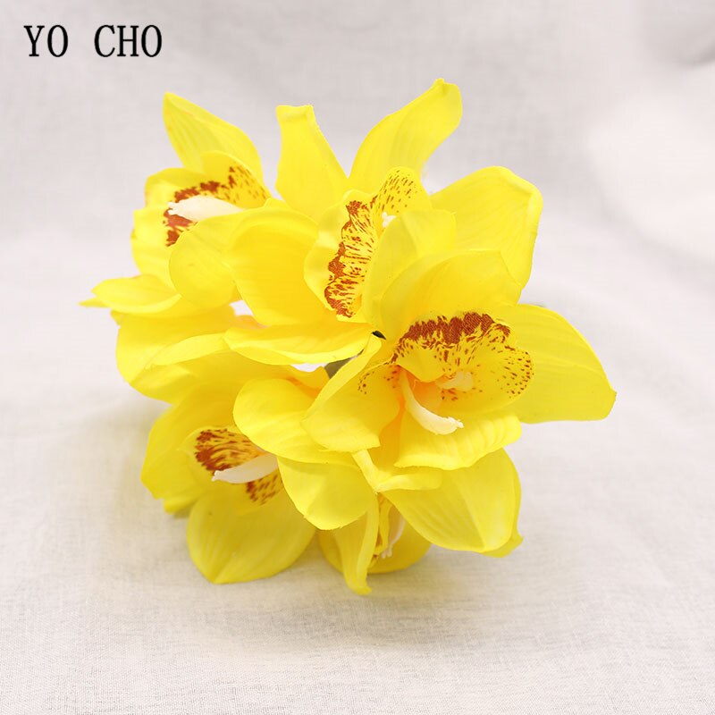 YO CHO Nep Orchidee Bloem DIY Bruidsmeisje Boeket Bruiloft Bloem 6 Heads Orchidee Boeket Bloemstuk Groen Thuis Party Decor: yellow
