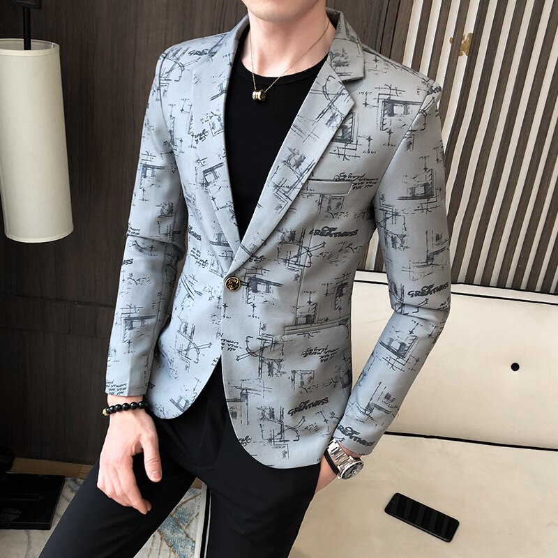 Lente koreaanse jas heren blazer print zakelijke jurk casual slim fit kostuum jas podium heren bruiloft blazer jas