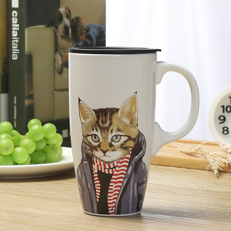 Taza para agua de cerámica con tapa para gatos, taza para café o leche de gran capacidad, creativa, clásica, a la , 500ml