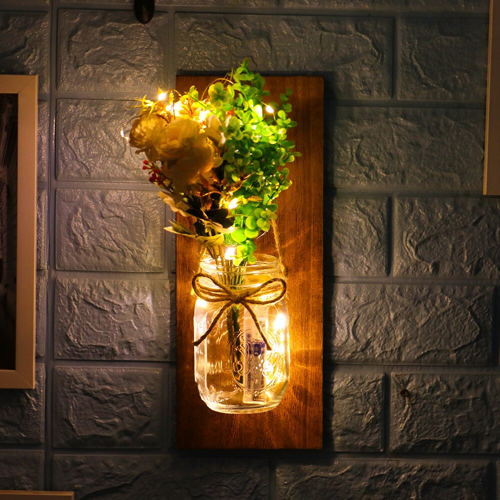 Tira de luces LED de pared con Control remoto para colgar en el hogar, apliques de luz con flores artificiales de tarro de albañil, decoración para el hogar, 2 uds.