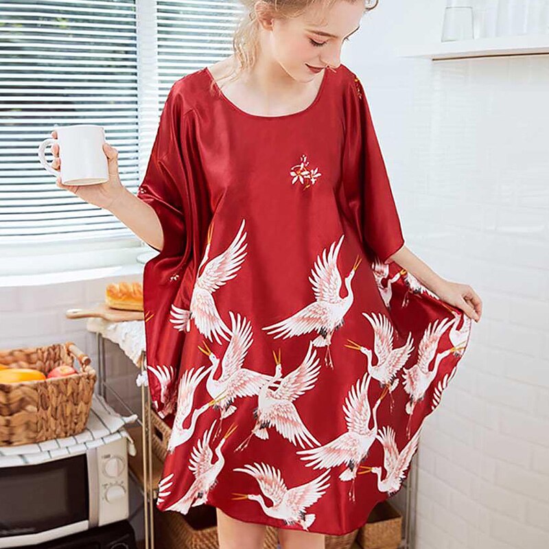 Bat Sleeve Oversized Nightdress Women Comfortable Smooth Satin Sleepwear Printed Casual Loose One Size Nightwear