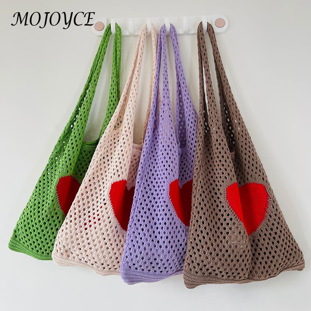 Knitted Shoulder Bags Casual Handmade Mesh Hollow Woven Handbag Travel Portable Crochet Bag Clutch Large Capacity Bags
