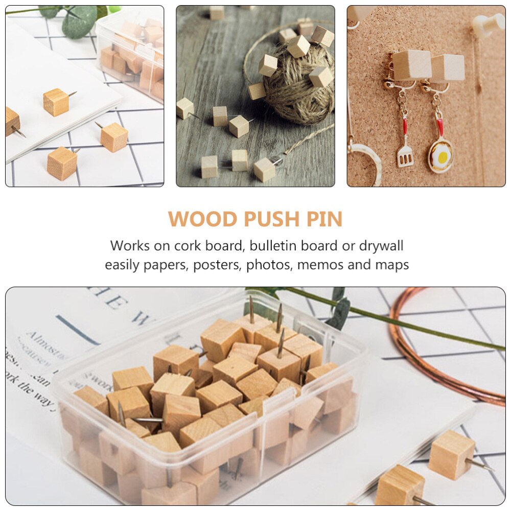 50 stuks houten punaises in vierkante vorm, houten punaises, kaartpunaise, houten kopspeld