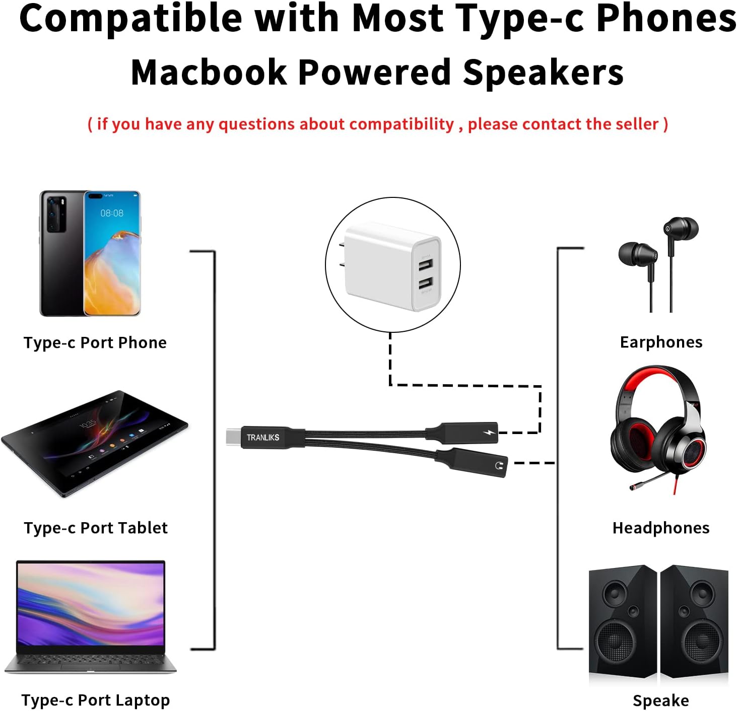 Rozdzielacz OTG 2 w 1 USB C na podwójne gniazdo słuchawkowe USB C Adapter audio PD 60W Szybka ładowarka do Samsung Huawei iPhone15 Xiaomi