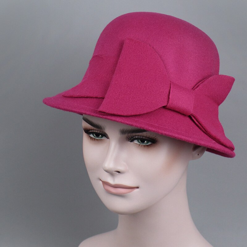 Merk retro dames dames fedora's top jazz hoed winter herfst pet katoen imitatie wollen bolhoeden ronde strik petten: Rozenrood