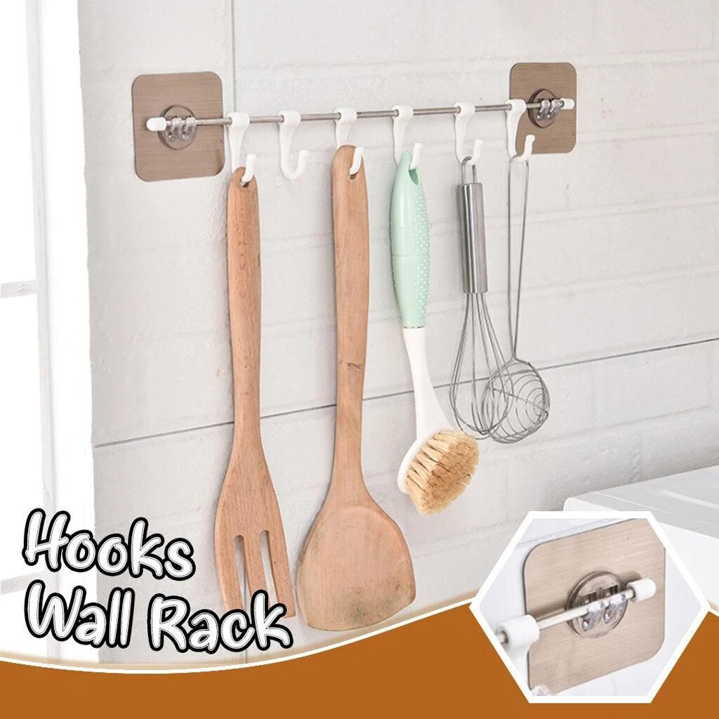 6 Hooks Self-adhesive Rack Bathroom Wall Mounted Rack Kitchen Hanging Rack Organizer Long Hanging Hooks Holder #BL3: Default Title