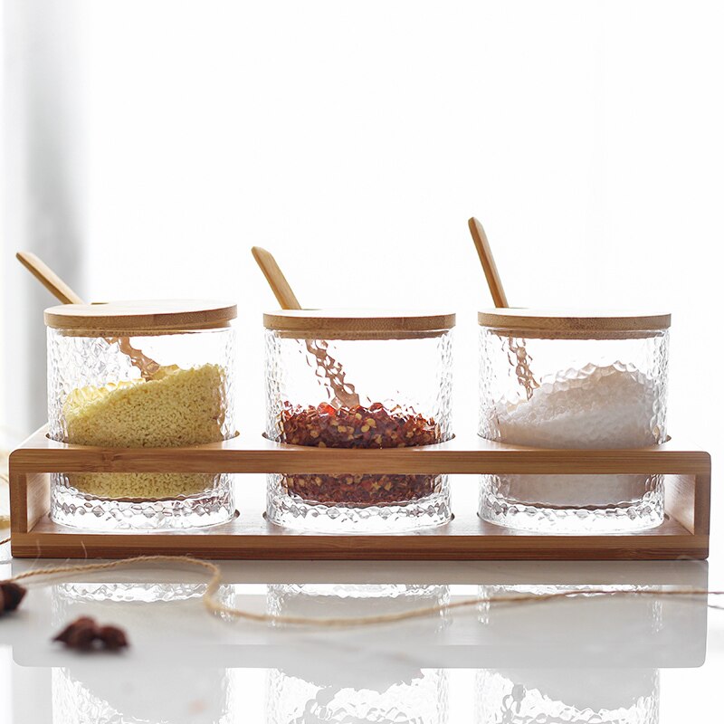 Japanese glass wood lid seasoning pot three piece seasoning box set sauce bottles sugar salt chili cans caster wooden shelf