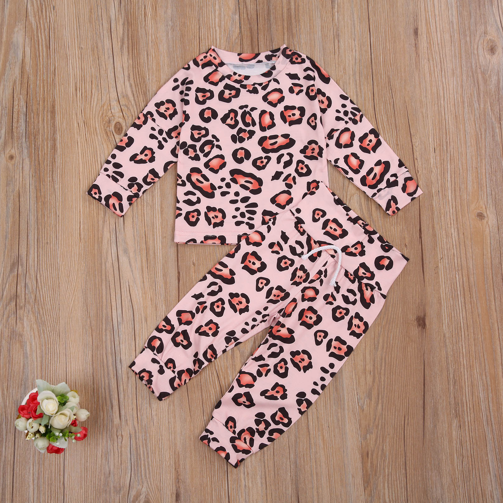 Nyfødte spædbarn baby piger drenge pyjamasæt leopard langærmet nattøj efterår fjedre blødt søvn sæt
