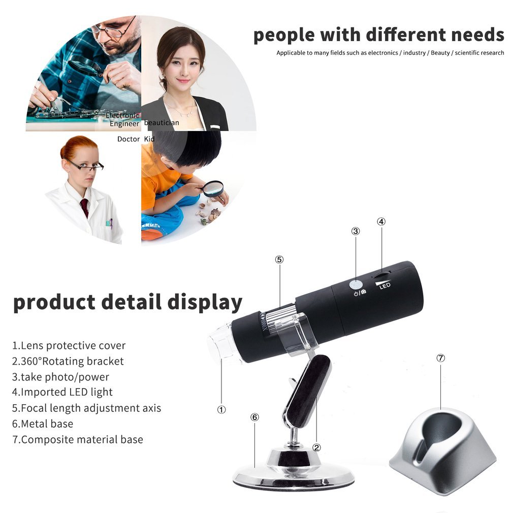 Mini Portable 2MP HD Wireless WIFI Digital Microscope 50~1000X 8LED Rotary Base Electronic Microscope Adjustable Brightness