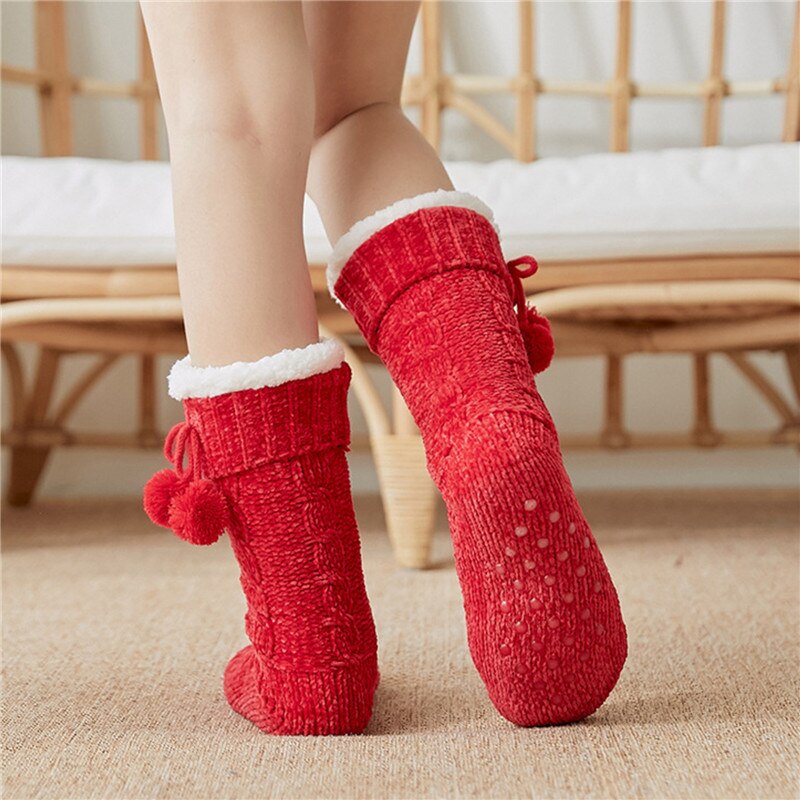 Winter Warm Soft Fluffy Ball Bed Socks Ladies Women Home Floor Slipper Coral Velvet Fleece Sock Winter Floor Boots