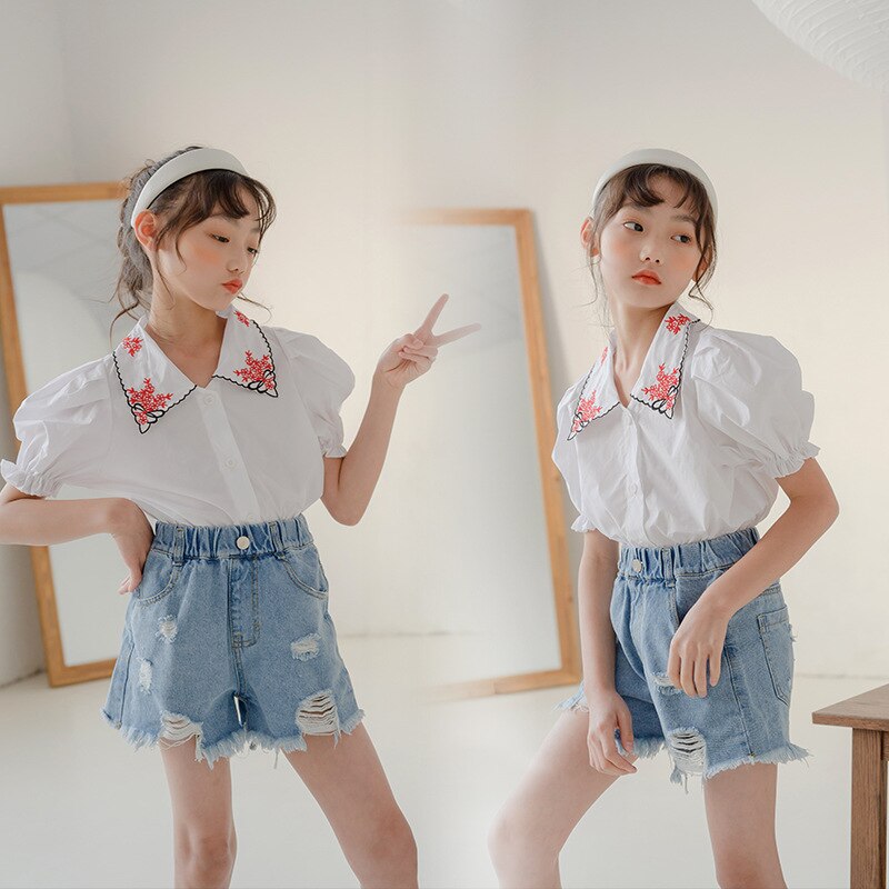 Blusa de algodón con manga abombada para niñas y adolescentes, blusa bordada de ,