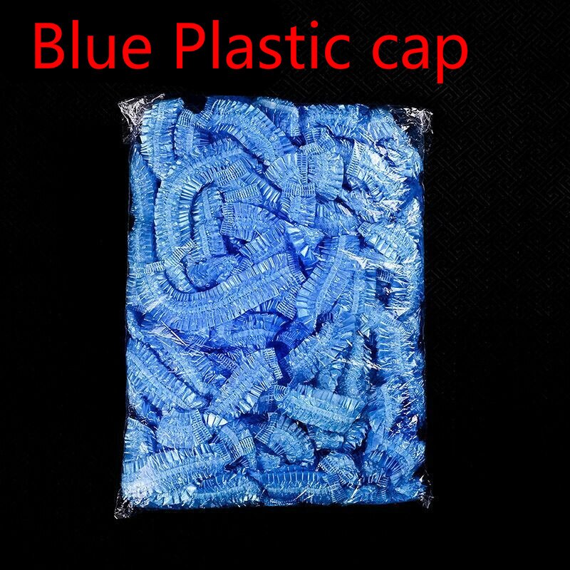 Bonnet de douche jetable en plastique, 100 pièces, pour femmes et hommes, imperméable, transparent, pour salon de coiffure, pour hôtels, produits de salle de bains: blue  plastic 100pcs