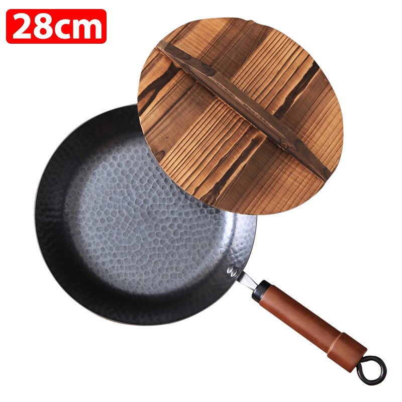 Cast Iron Wok Pan Traditional Cookware Iron Wok Induction Compatible Non-stick Frying Pan Non-coating Pan: 28cm With Lid