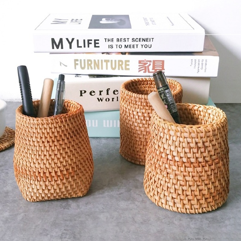 Portalápices de ratán Natural hecho a mano, Cubo de almacenamiento tejido, decoración de escritorio para el hogar y la Oficina, cilindro tejido a mano para el hogar