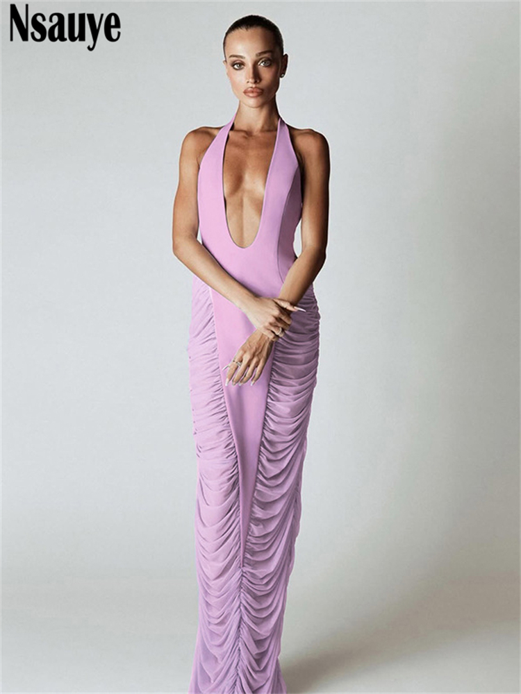 Nsauye Vrouwen Sexy Elegante Avond Feest Nachtclub Maxi Jurk Lange Mesh Ruches Zomer Laag Uitgesneden Mouwloze Jurk 2025: S