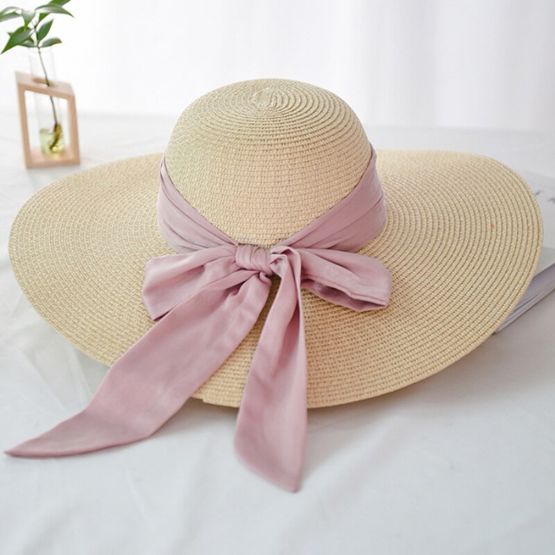 Ht2259 panama damer hatte strand stor bånd sløjfe stor bred skygge hat kvinder sommer pakkes floppy strand sol hat halm