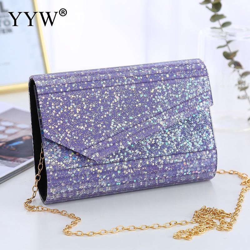 PVC Rigido-Superficie del Sacchetto di Frizione di Disegno Delle Donne di Borsa A Tracolla Con Catena Glitter Rettangolo Sacchetti di Frizione Delle Donne Viola Piccolo Bolso mujer: dark purple