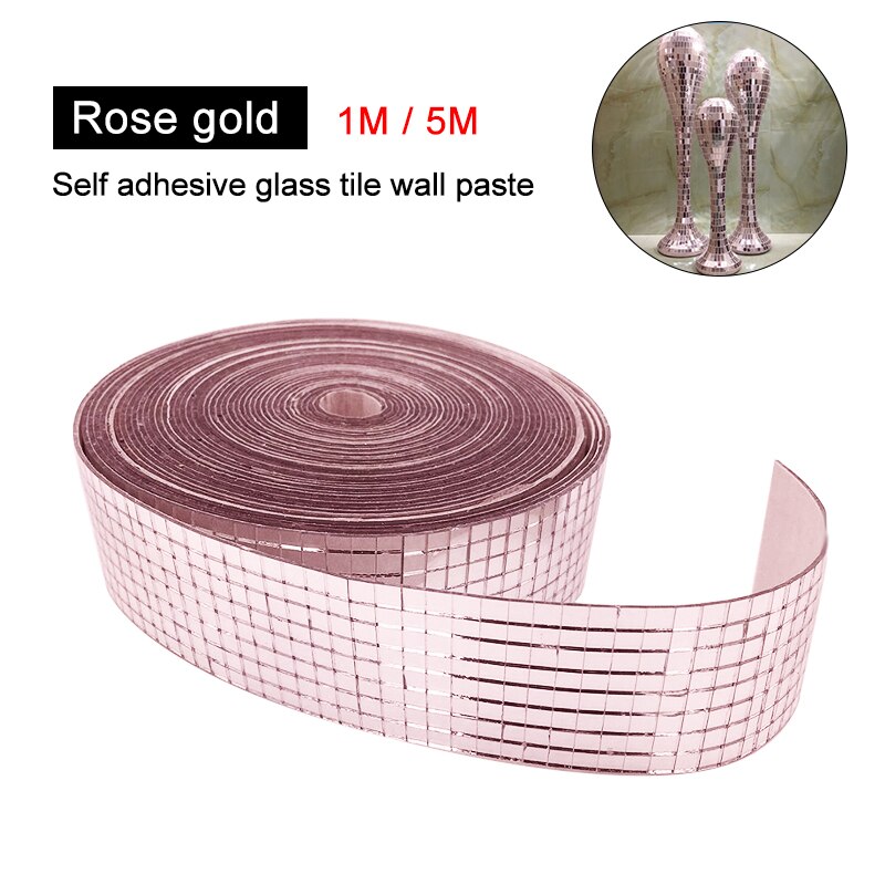 5M Roll Self-Adhesive Glass Mirrors Mosaic Tiles Wall Decals Square Round Glass Craft For DIY Handmade Crafts Home Decoration: Rose Gold / 5M