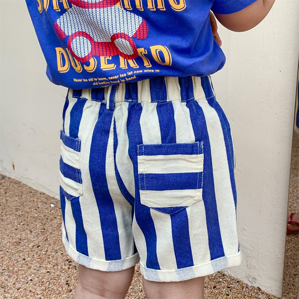 Pantaloncini di jeans per bambini 2220C 2022 nuovi pantaloni coreani in cotone lavato a righe verticali coreane per ragazzi e ragazze 2-7 anni: Blue / 90 for 2y
