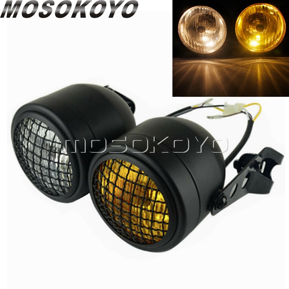 Motorcycle Twin Round Dominator Headlight 3.5" Double Dual Lamp Front Headlamp for Harley Cafe Racer Old School Chopper Bobber: D Yellow Clear Mask