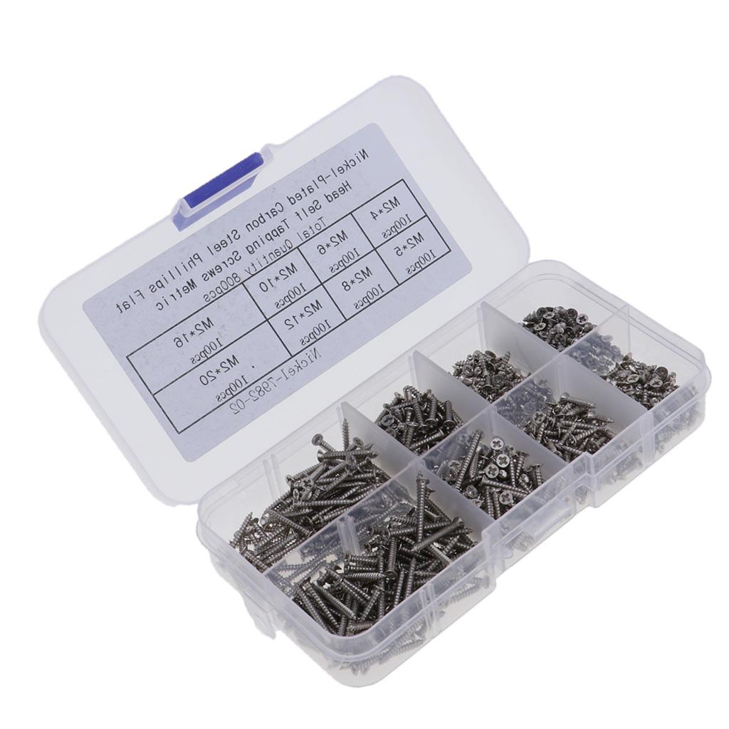800pcs M2(2mm) Nickel Carbon Steel Phillips Pan Head Self Tapping Screws Kit