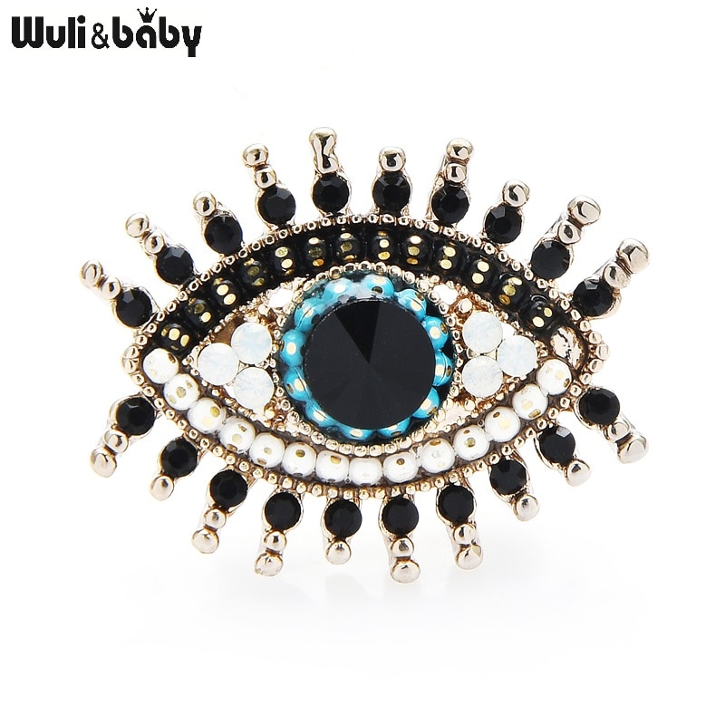 Wuli&baby petites broches œil bleu noir strass pour femmes, alliage, perles simulées, épingles à col