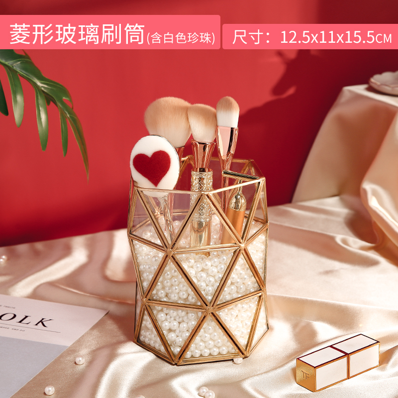 Glass Makeup Brush Holder Storage Drawer Box With White Pearls Gold Glass Makeup Brush Pearls Holder Storage Drawer Box: other shape